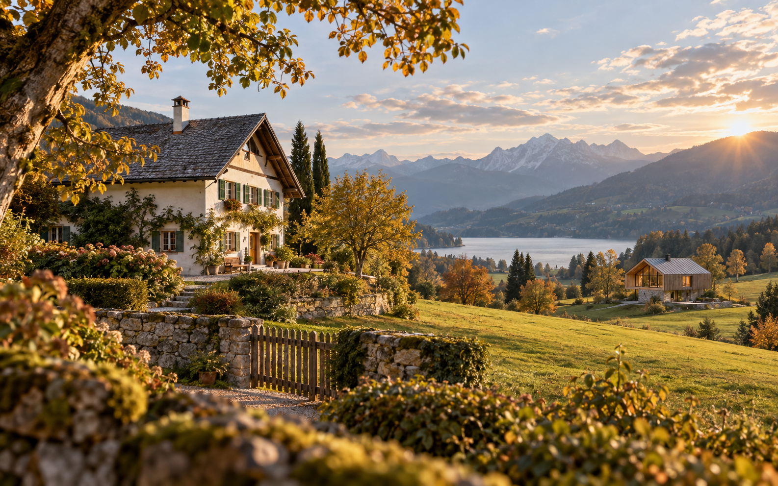 Zwei unterschiedliche Häuser in einer gewachsenen österreichischen Landschaft